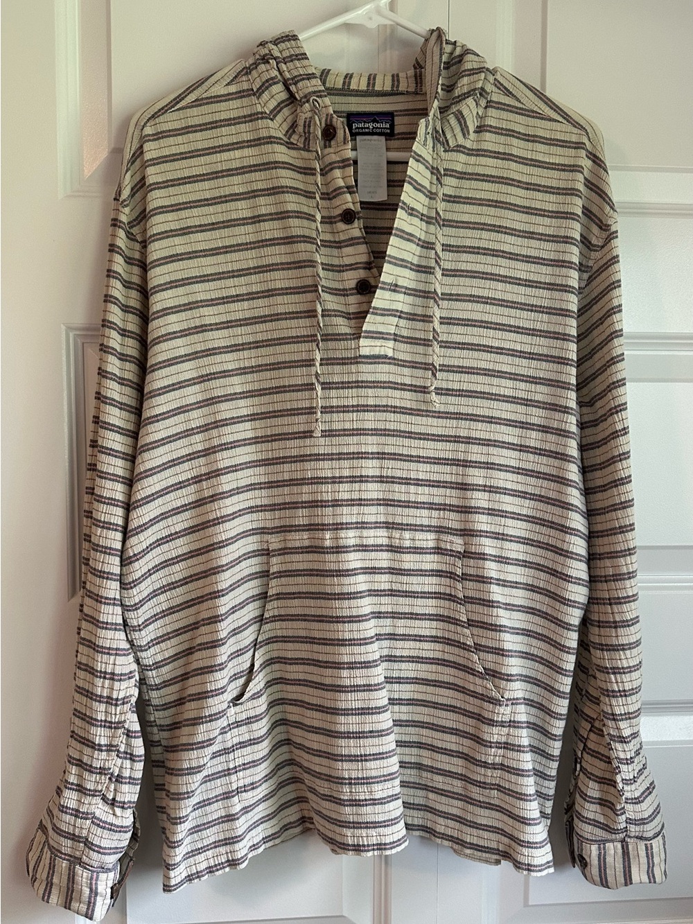 Patagonia Men’s Cream and Brown Striped Hooded Pullover